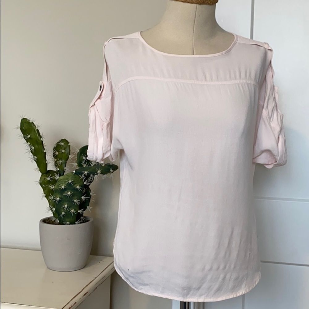 Loft Crew Neck‎  Short Sleeve Blush Epaulettes Blouse Pink XSP